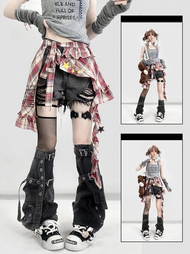 Y2K Bittersweet Black Distressed Holes Design Shorts + Leg Warmers + Red Plaid Accessory