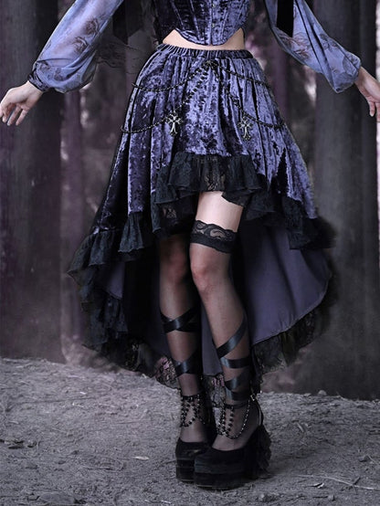 Gothic Cross Beaded Chains Purple Velvet High-low Skirt