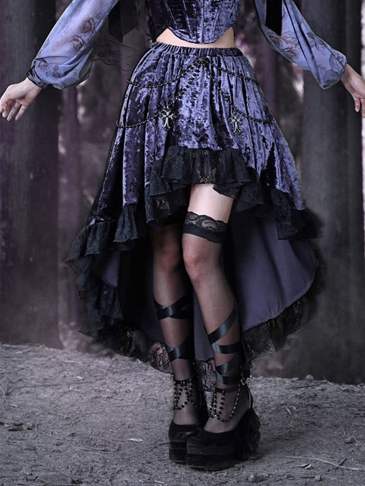 Gothic Cross Beaded Chains Purple Velvet High-low Skirt