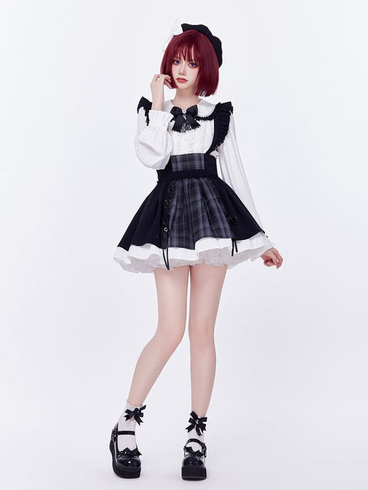 Black and Gray Plaid Jirai Kei Skirt with Removable Straps