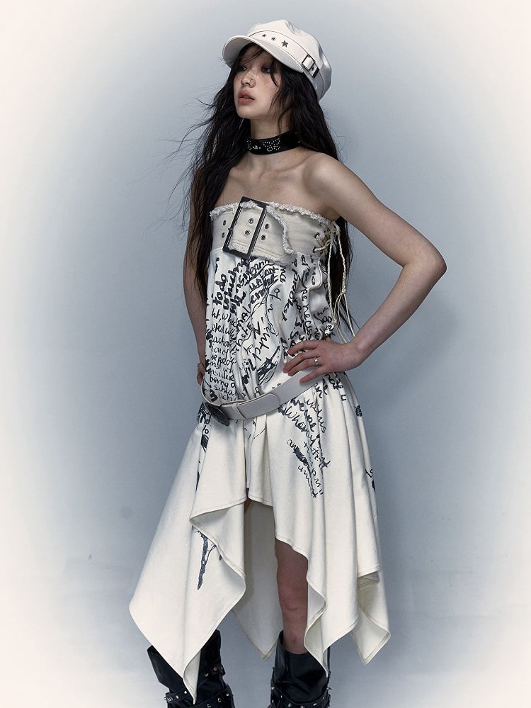 Lace-up Detail Letters Print Beige Buckle Strap Design Punk Rock Strapless Dress