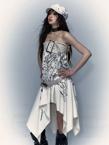 Lace-up Detail Letters Print Beige Buckle Strap Design Punk Rock Strapless Dress