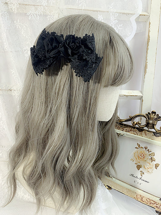 Black/Wine Red Floral Design Gothic Elegant Bowknot Hairclip/Tie