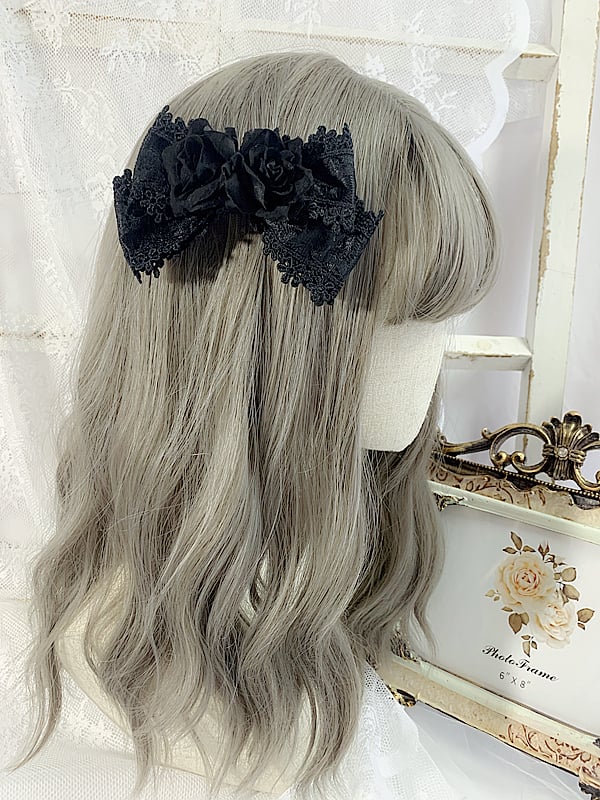 Black/Wine Red Floral Design Gothic Elegant Bowknot Hairclip/Tie