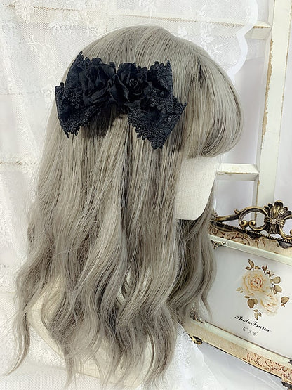 Black/Wine Red Floral Design Gothic Elegant Bowknot Hairclip/Tie