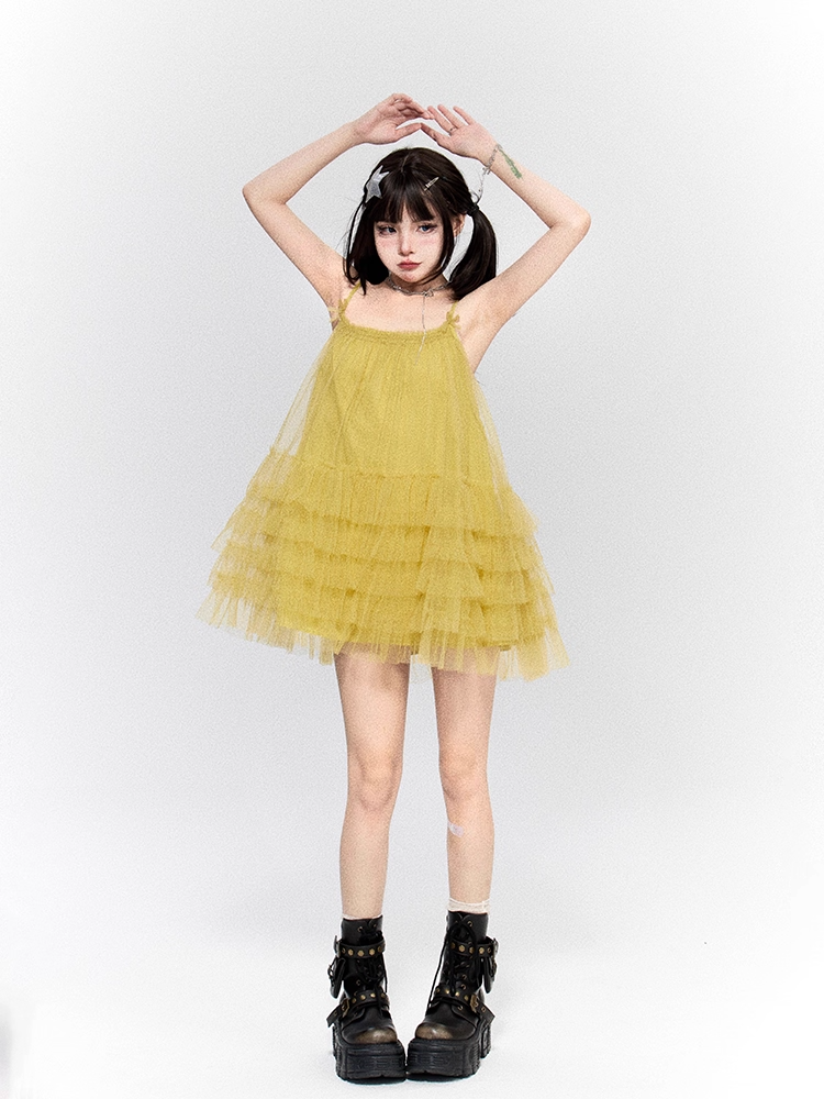 Mustard Yellow Square Neckline Layered Mesh Backless Cami Dress