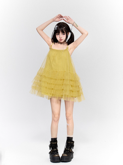 Mustard Yellow Square Neckline Layered Mesh Backless Cami Dress