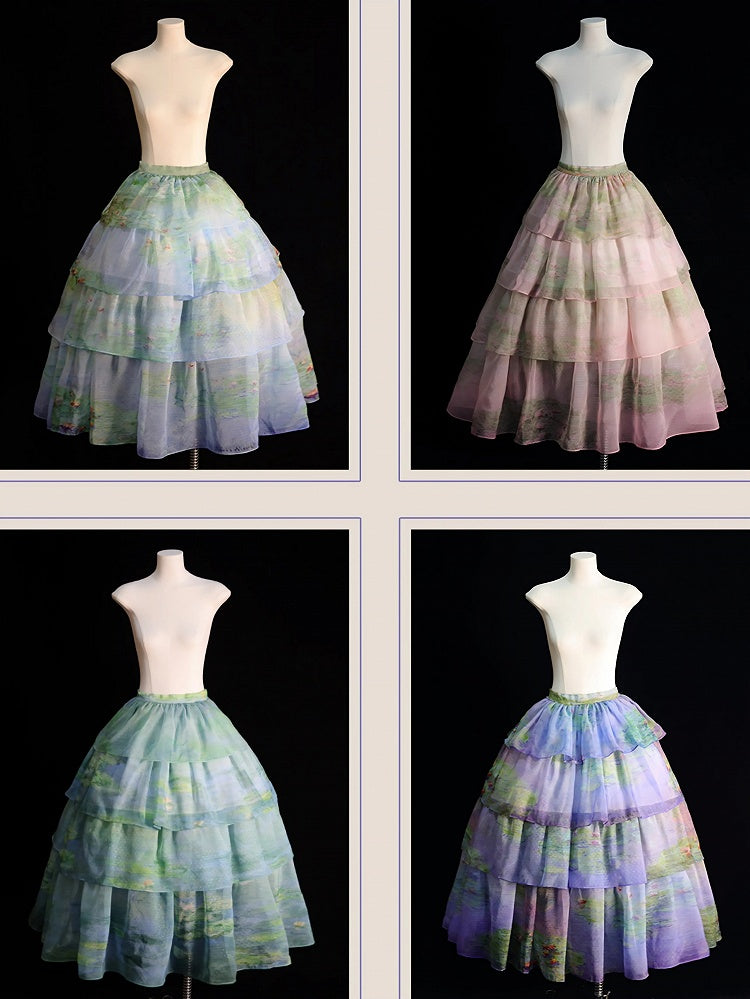 Sky Blue/Light Pink/Purple/Green Oil Painting Print Organza Tiered Skirt