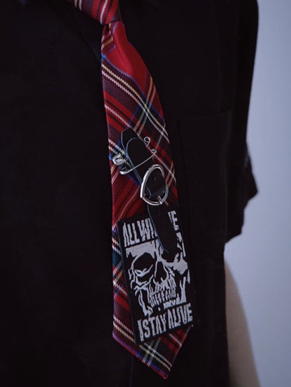Red Plaid Pattern With Skull Applique Decorated Heart Buckle Tie