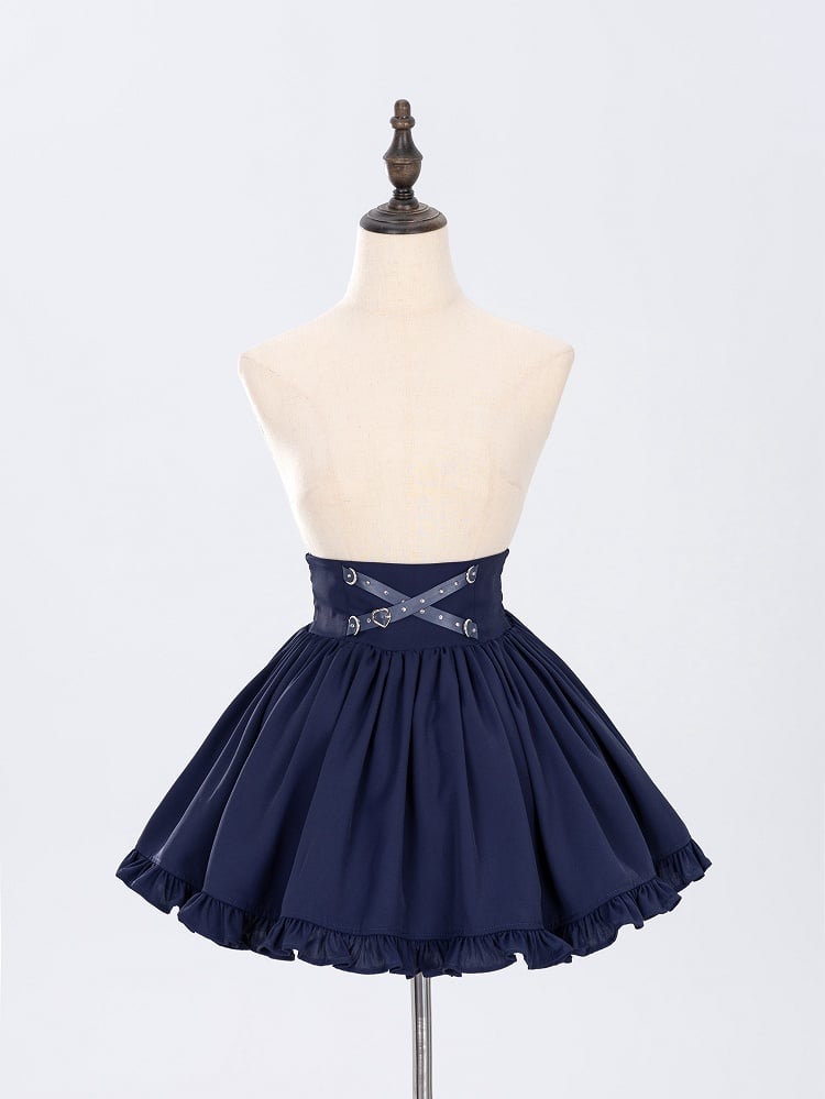 Fanart Fashion Dark Blue Crisscross Heart Buckle Straps High Waist Skirt