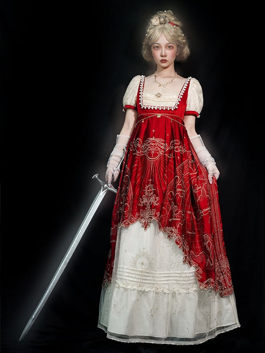 Delicate Gold Celestial Map Embroidery Empire Waist Wine Red and Beige Elegant Classic Lolita One Piece