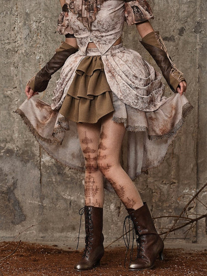 Tie Dye Jacquard Victorian Cascading Ruffle Trim High-low Skirt