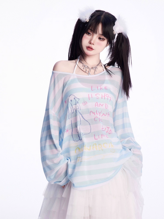 Asymmetrical Neckline Puppy Print Blue/Pink Striped Semi-sheer Coverup