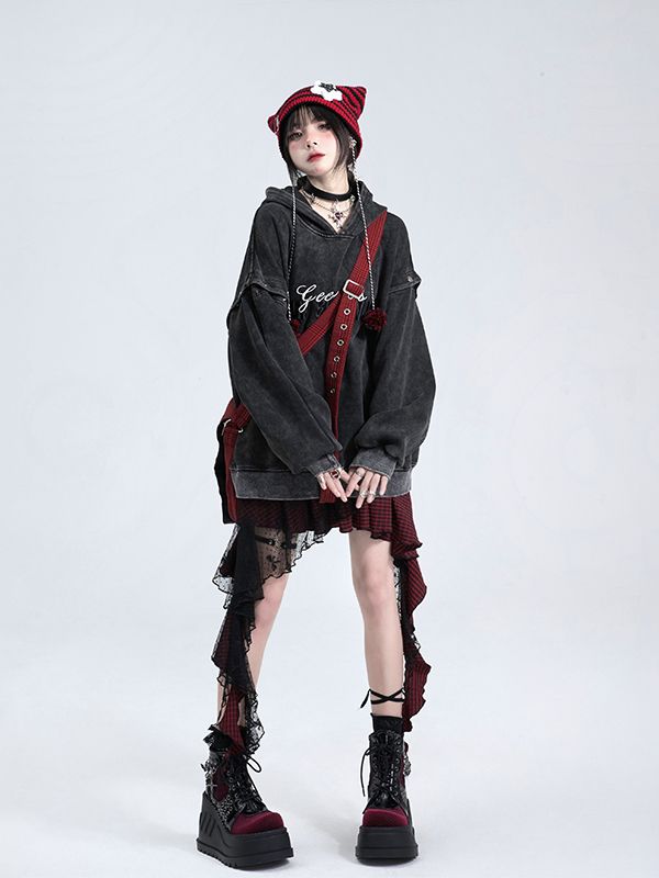 Lace Panel Irregular Hem Plaid Skirt Black and Red/Black and Pink Music Festival Outfits