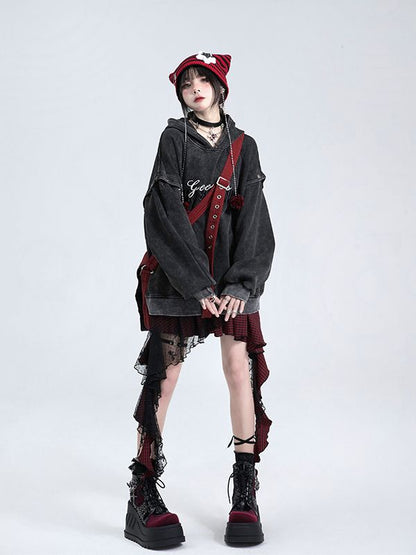 Lace Panel Irregular Hem Plaid Skirt Black and Red/Black and Pink Music Festival Outfits