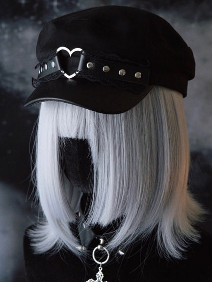 Black Gothic Heart Ring Studs Details Lace Trim Beret Hat