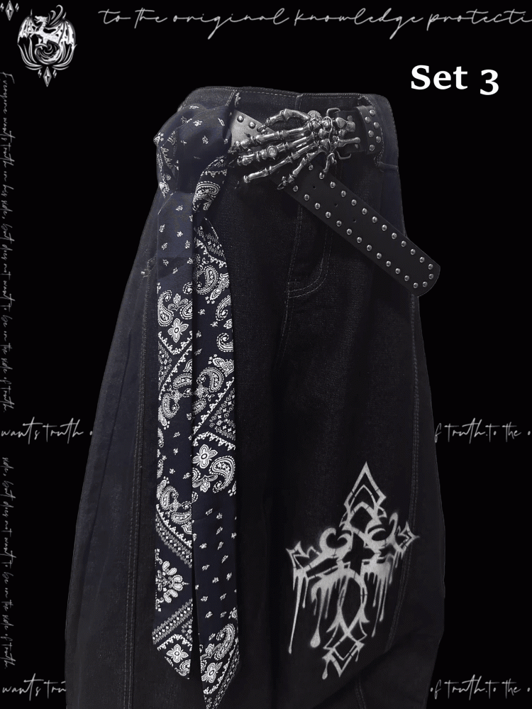 Dark Blue Cross Print Loose Wide-leg Jeans