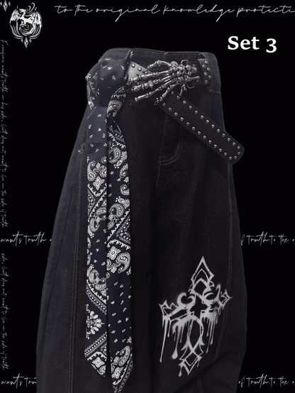 Dark Blue Cross Print Loose Wide-leg Jeans