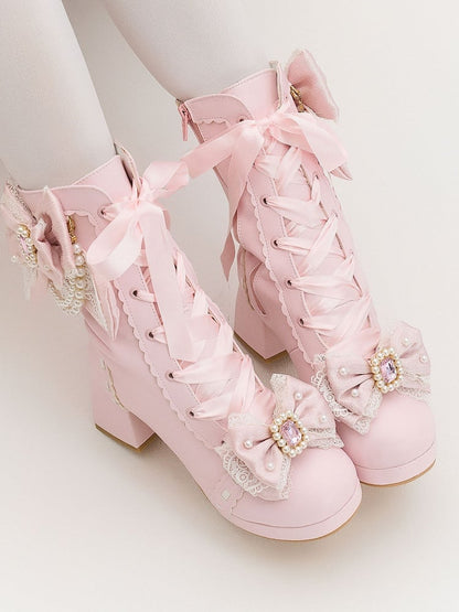 PU Pink Sweet Lolita Mid-Calf Boots - Crystal & Bead Decor Bow with Lace-Up & Inner Zip