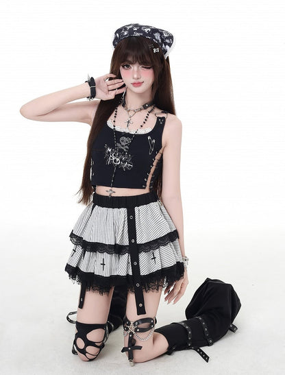 White Stripes Lace Trim Punk Lined Tiered Skirt with Skeleton Bow Clips