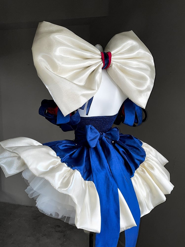 Blue & White Basque Waist Sweet Lolita Dress with Large Bow and Red Ribbon Accents