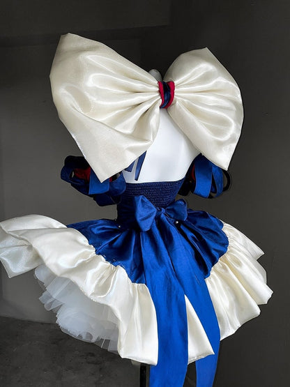 Blue & White Basque Waist Sweet Lolita Dress with Large Bow and Red Ribbon Accents