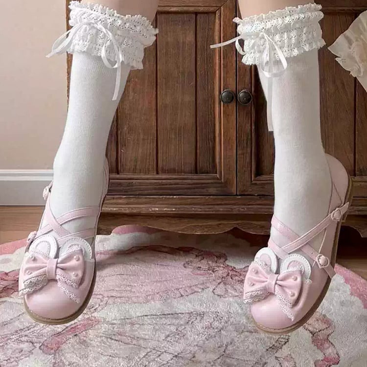 Pink Beaded Decorated Bow at Top Crisscross Design Bunny Ear Lolita Shoes