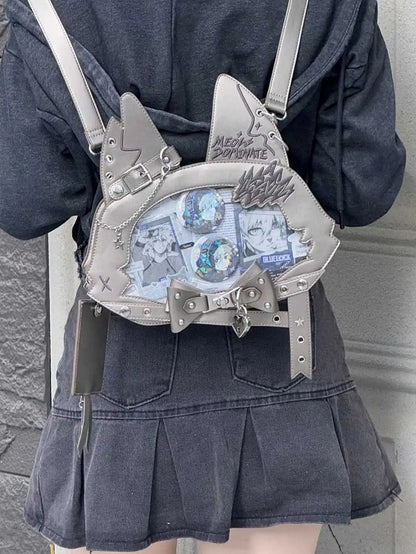 Kitty Ear Design Bowknot Studs Detail Gray PU Tote Bag Ita Bag with Free Card Holder