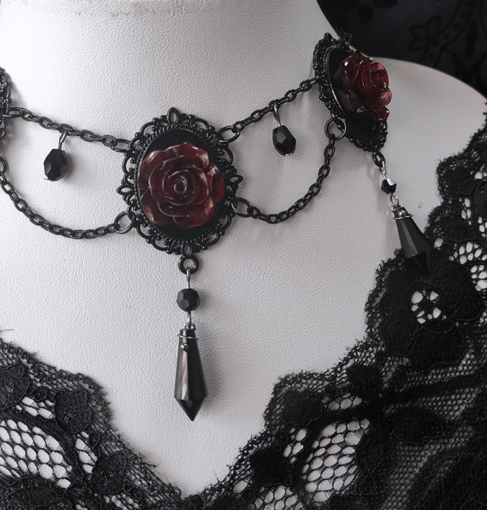 Vintage Black and Red Gothic Rosette Necklace