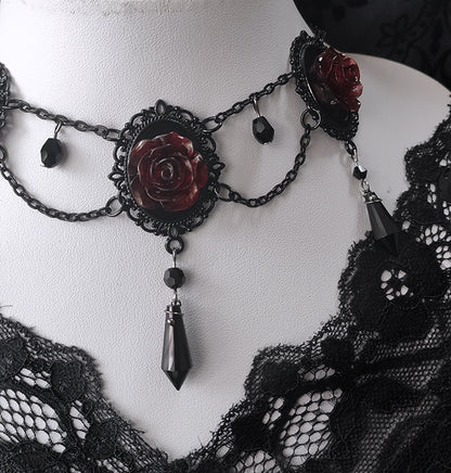 Vintage Black and Red Gothic Rosette Necklace