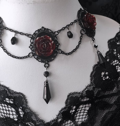 Vintage Black and Red Gothic Rosette Necklace