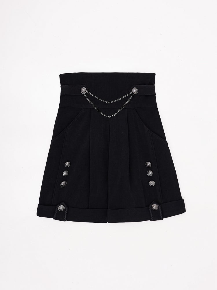 Ouji Fashion Silver Chains and Buttons Decorated High Waist Black Straight-leg Shorts