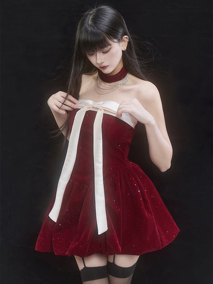 Red Off-the-shoulder Neckline Big Bow Sequins Puffy Dress