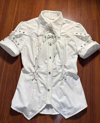White Ouji Lolita Fashion Lace-up Neckline Short Sleeves Shirt