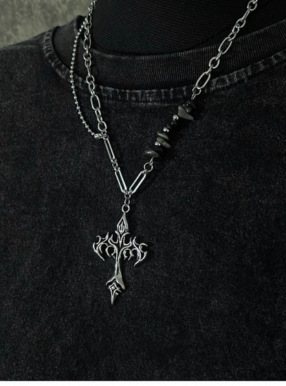 Silver Flame Cross Pendant Necklace with Asymmetric Chain