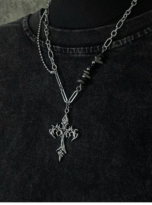 Silver Flame Cross Pendant Necklace with Asymmetric Chain