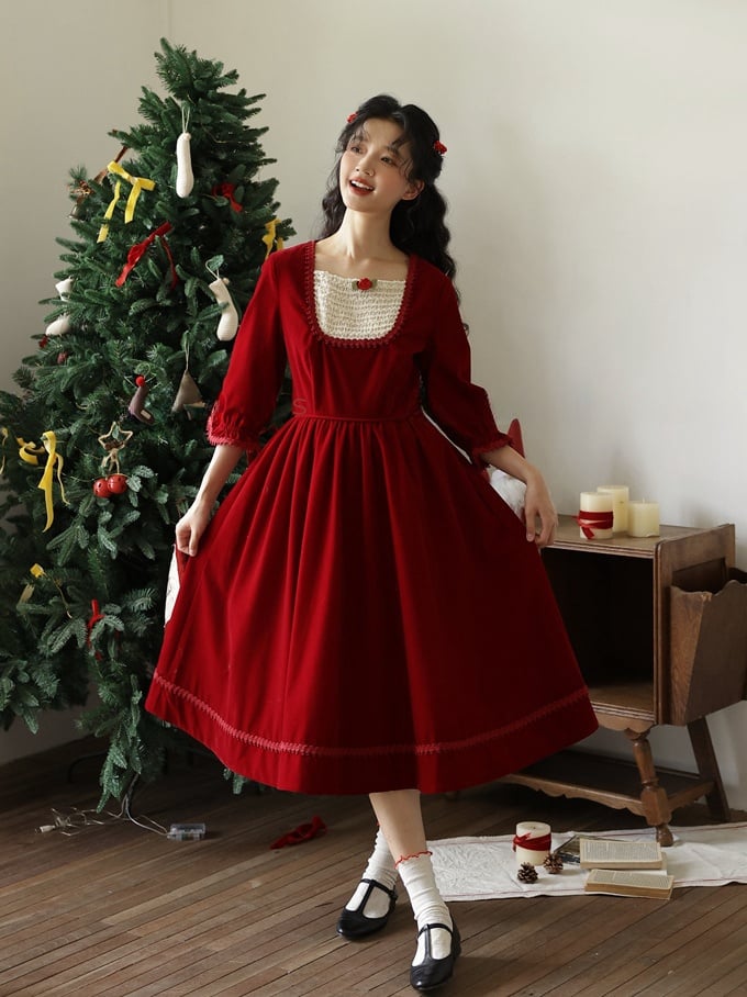 Wine Red Vintage Rose Square Neckline Dress