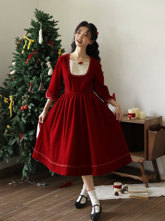 Wine Red Vintage Rose Square Neckline Dress