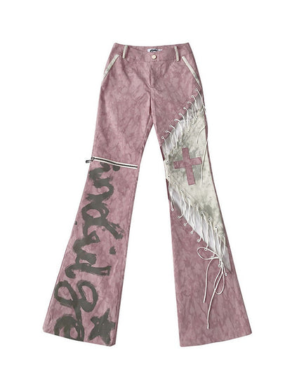 Lace-up Detail Dusty Pink Asymmetrical Flared Pants