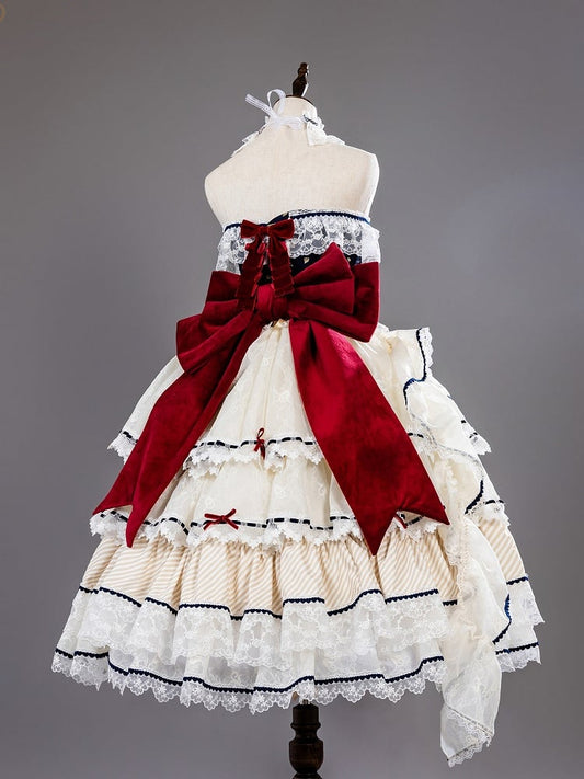 Snow White Vibes Hime Lolita Dark Blue and Red Boned Corset Top + Tiered Skirt