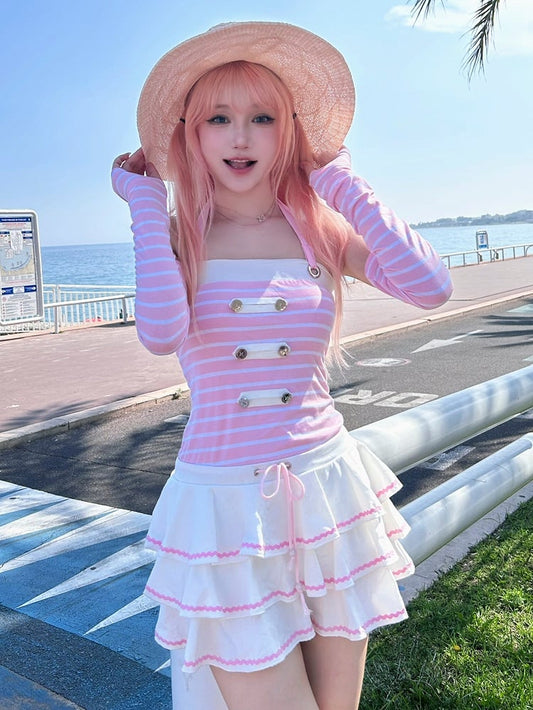 Pink Striped Pattern Navycore Self-tie Halter Dress Tiered Skirt with Free Armwear