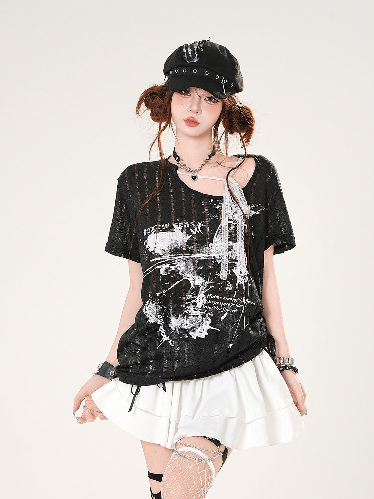 Self-tie Straps Neckline Butterfly Print Black/White Distressed Holes T-shirt
