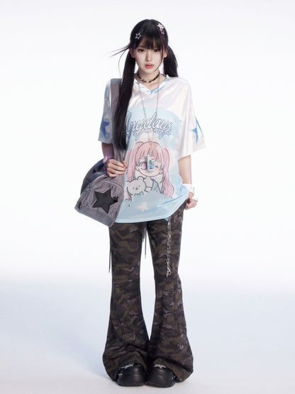 Blue and White Colorblock Design V-Neck Cartoon Girl Print Loose T-shirt