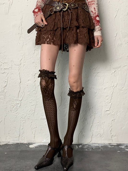 Brown Wasteland Punk Ruffled Cuff Stockings