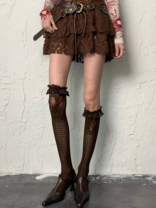 Brown Wasteland Punk Heart Print Tights