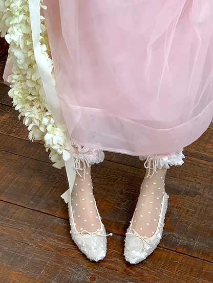 Yellow/Pink/Blue/Black Beaded Bowknot Lace Trim Polka-dot Pattern Ankle Socks