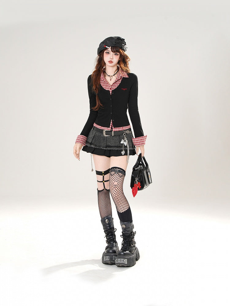 Red Plaid and Black Faux Two-pieces Slim-fitting Top