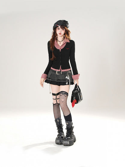 Red Plaid and Black Faux Two-pieces Slim-fitting Top