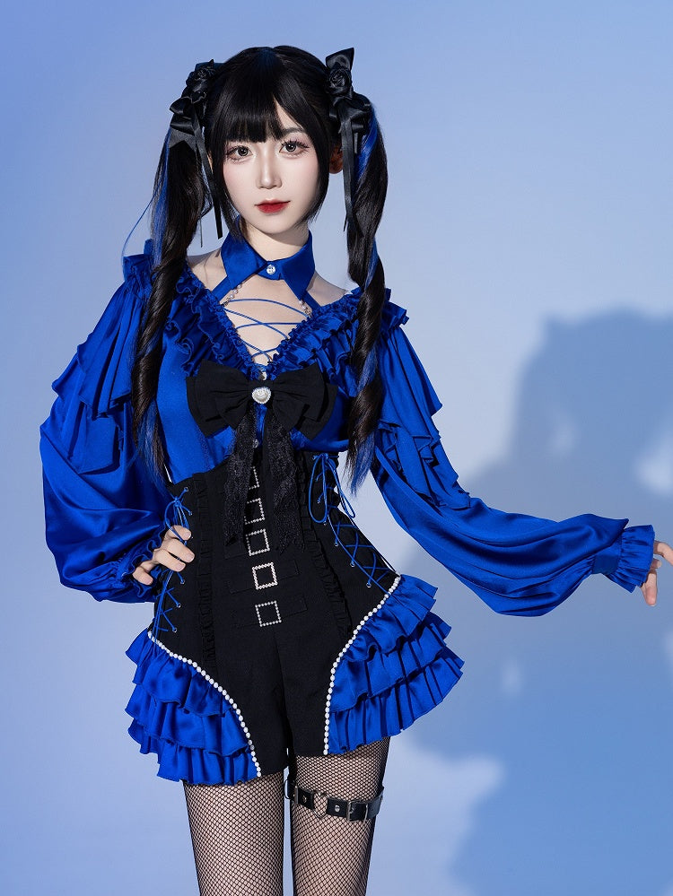 Deep Sea Blue Tiered Ruffle Cuffs Black Super High Waist Corset Shorts