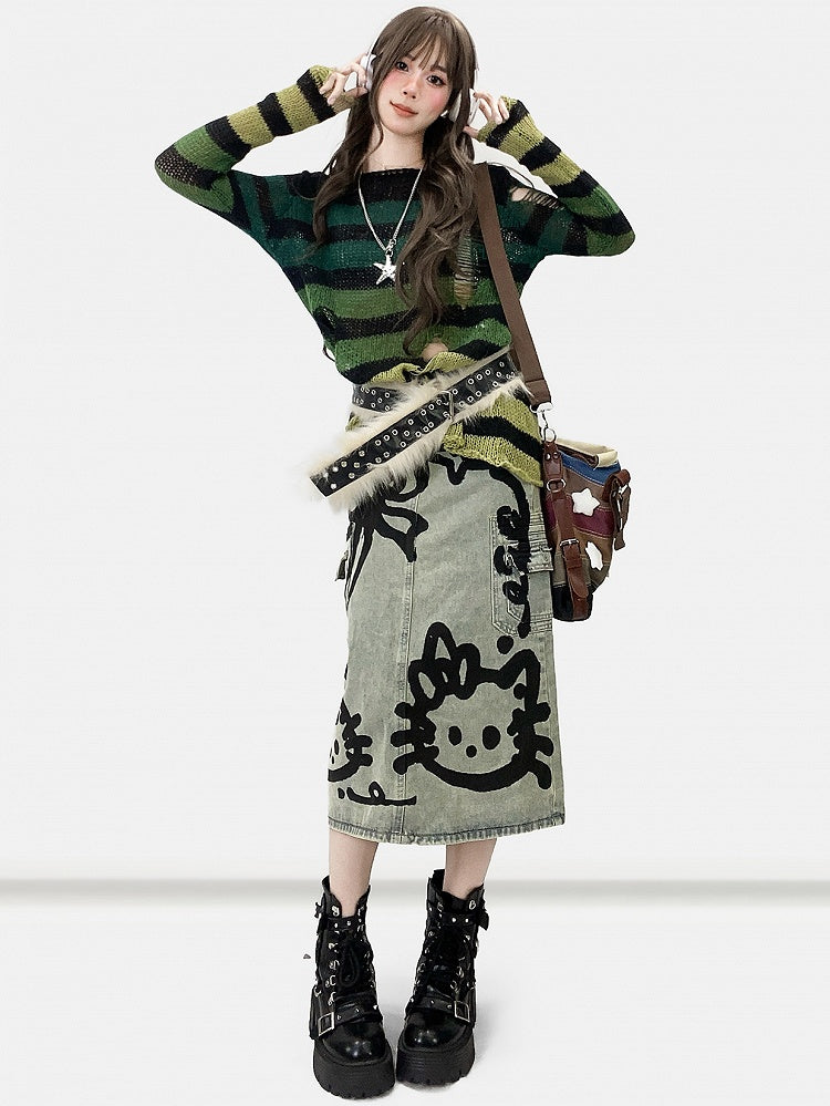 Green Y2K Striped Pattern Cut-out Details Asymmetrical Neckline Sweater